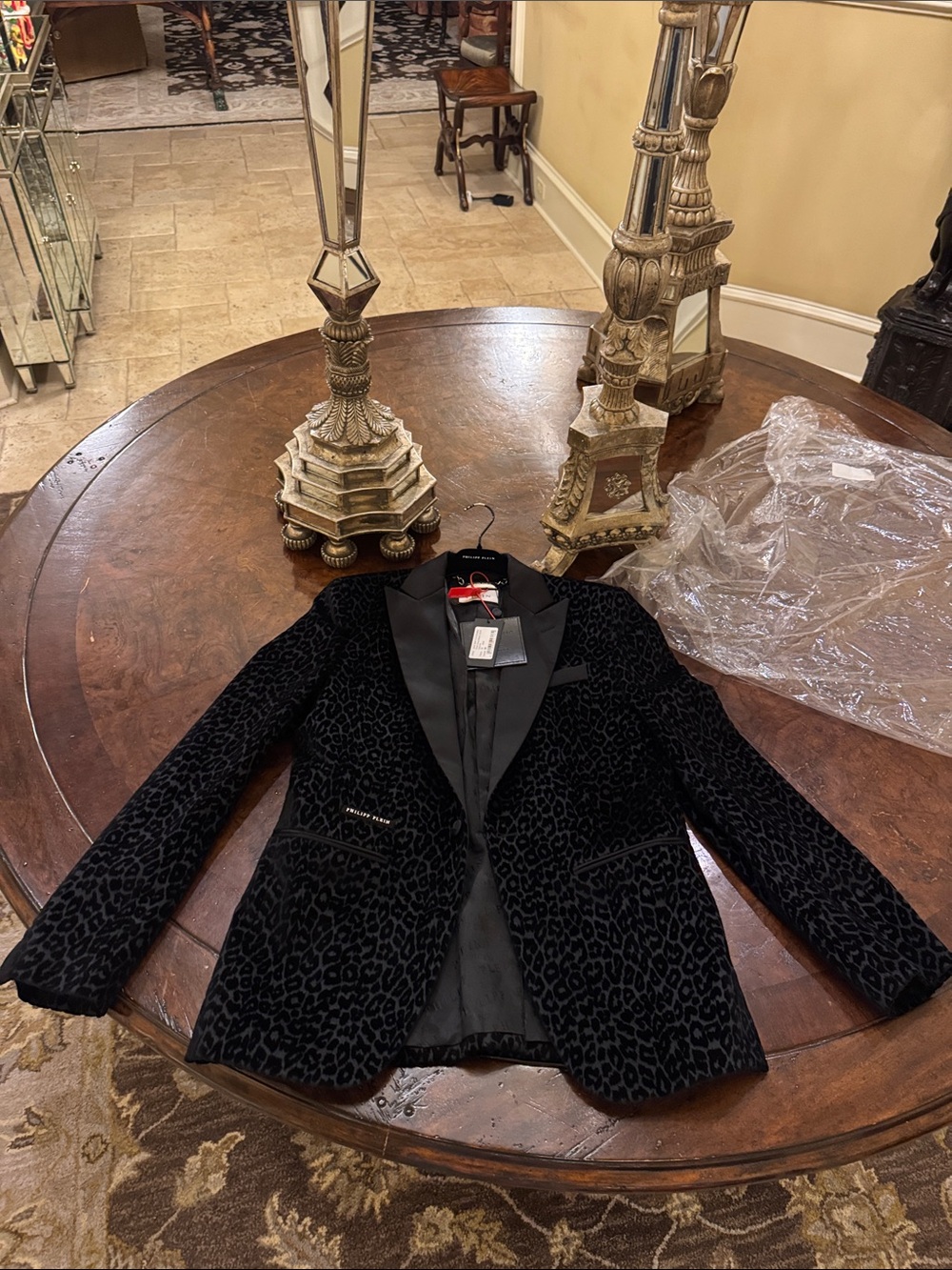 Philipp Plein Black Velvet Leopard-Print Tuxedo Jacket